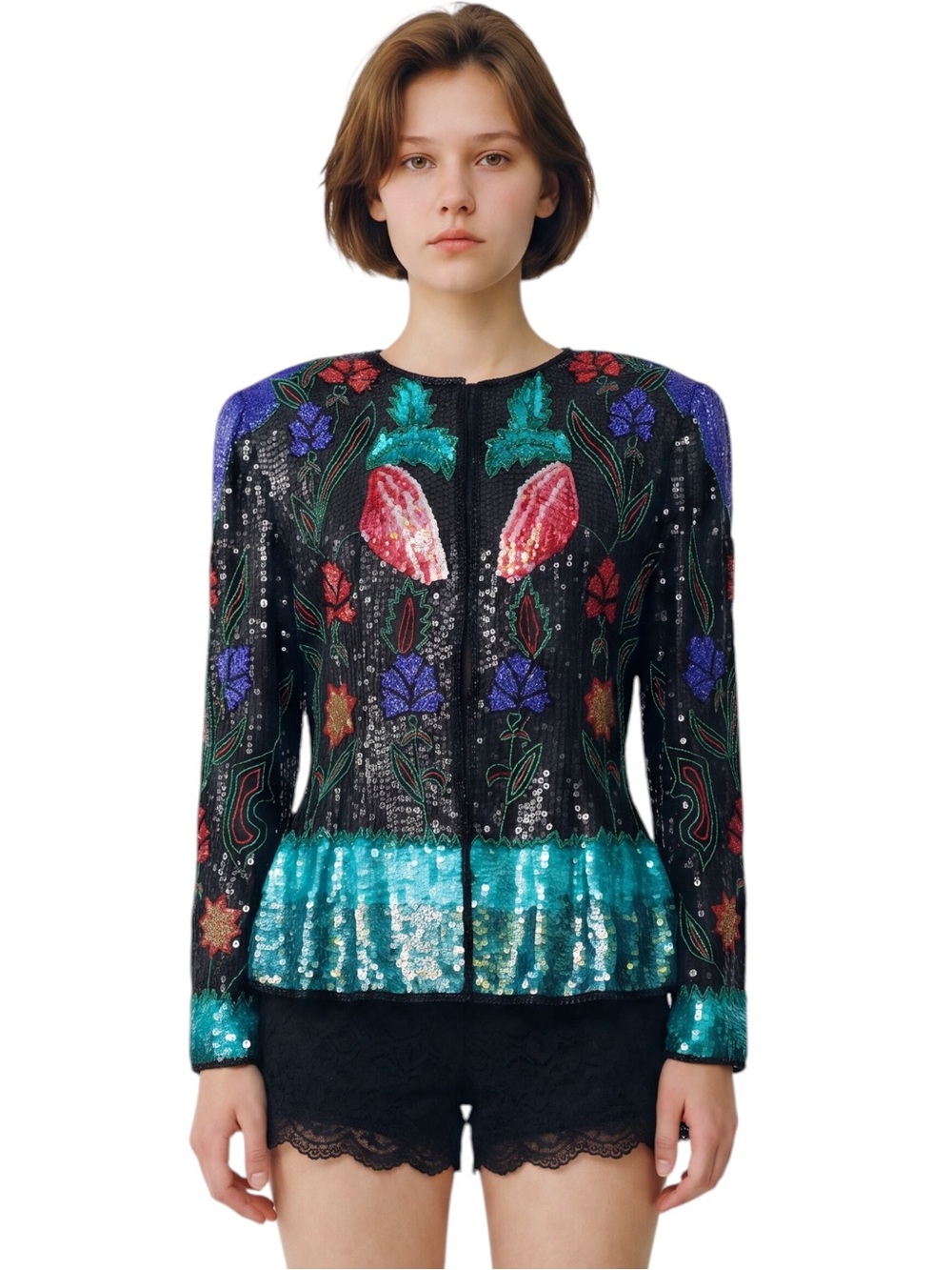 LAURENCE KAZAR VINTAGE NWT FROM 1985, SEQUINED SILK JACKET. SIZE MED.